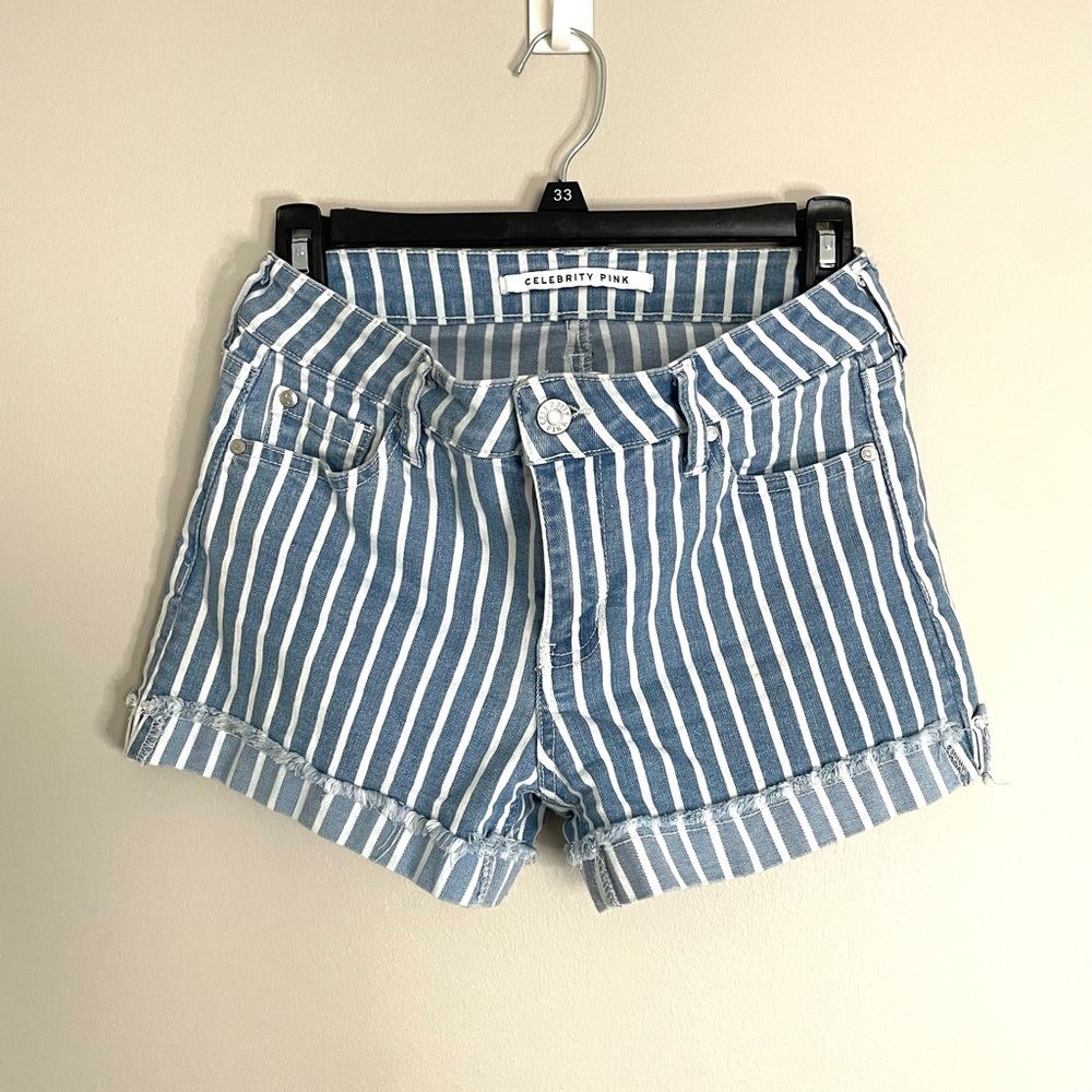 Celebrity Pink Blue and White Jean Shorts with Cuffed Hems